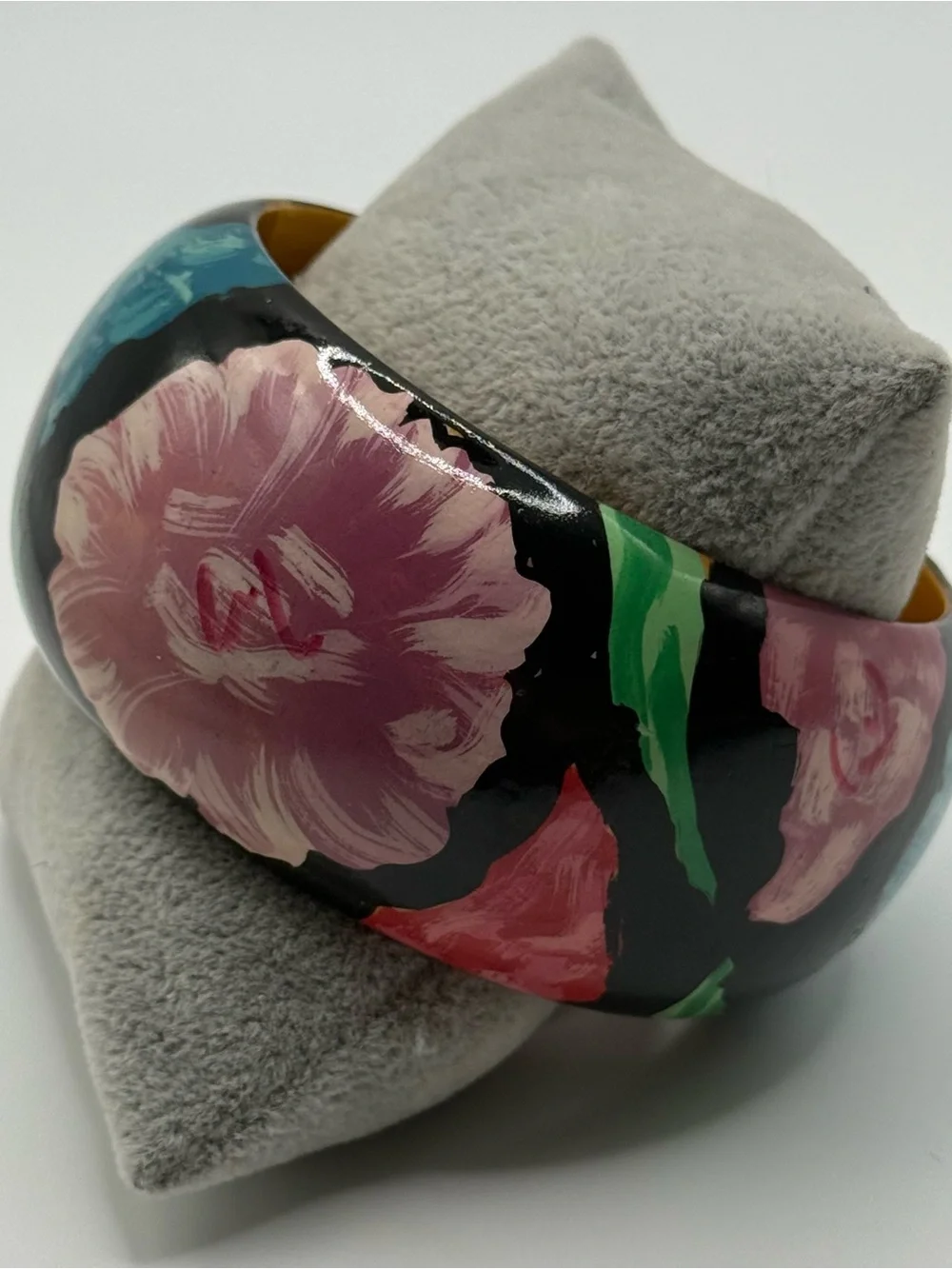 Black Floral Painted Cuff Bracelet in Pink and Green